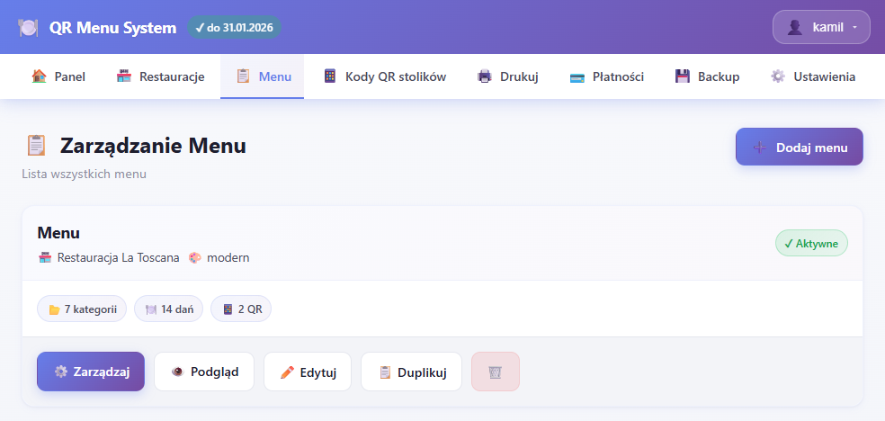 Dodaj nowe menu: kategorie, dania, zestawy
