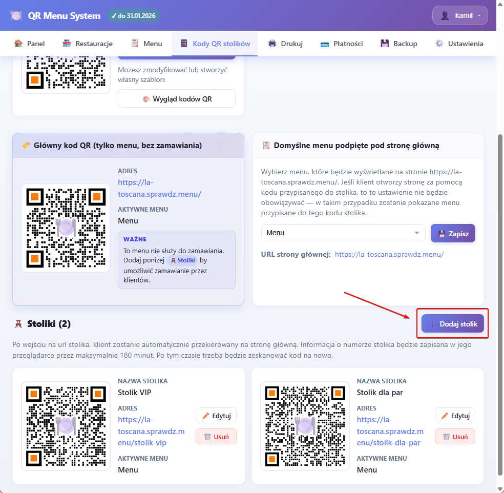 Dodaj stoliki i kody QR